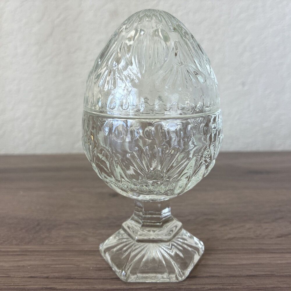 Vintage Avon Crystal Pressed Glass Pedestal Egg Trinket, Candy Dish, Easter Egg